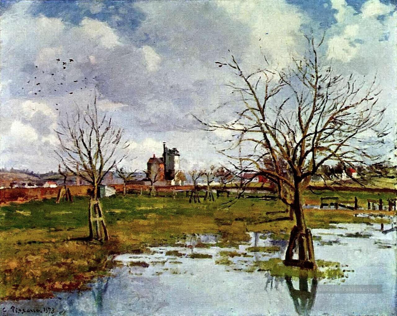 paysage avec champs inondés 1873 Camille Pissarro ruisseau Peintures à l'huile
